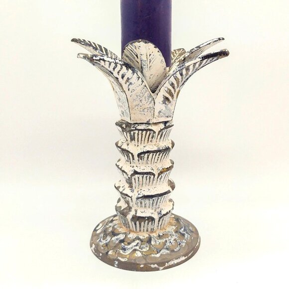 Vintage Bronze and White Shabby Chic Palm Leaf Distressed Candle Holder - Picture 1 of 5